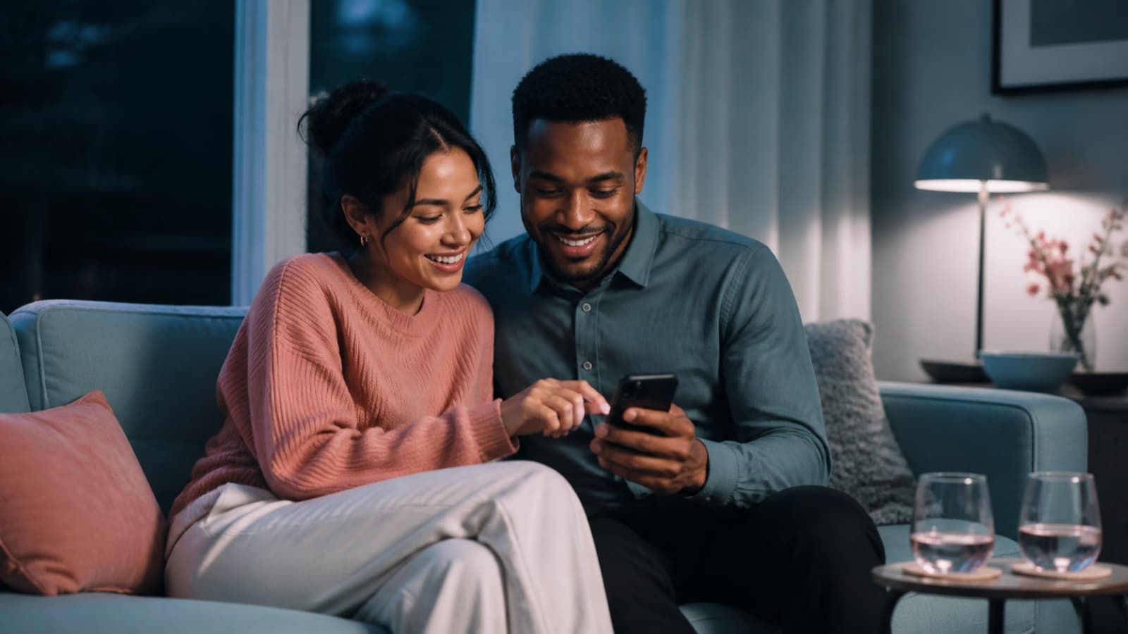 A couple smiling together while playing a guessing game on one shared phone