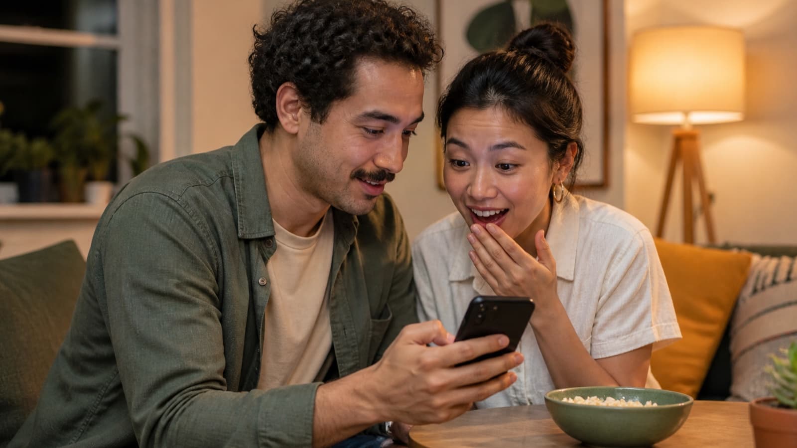 A couple sharing one phone and reacting to the reveal in a question game