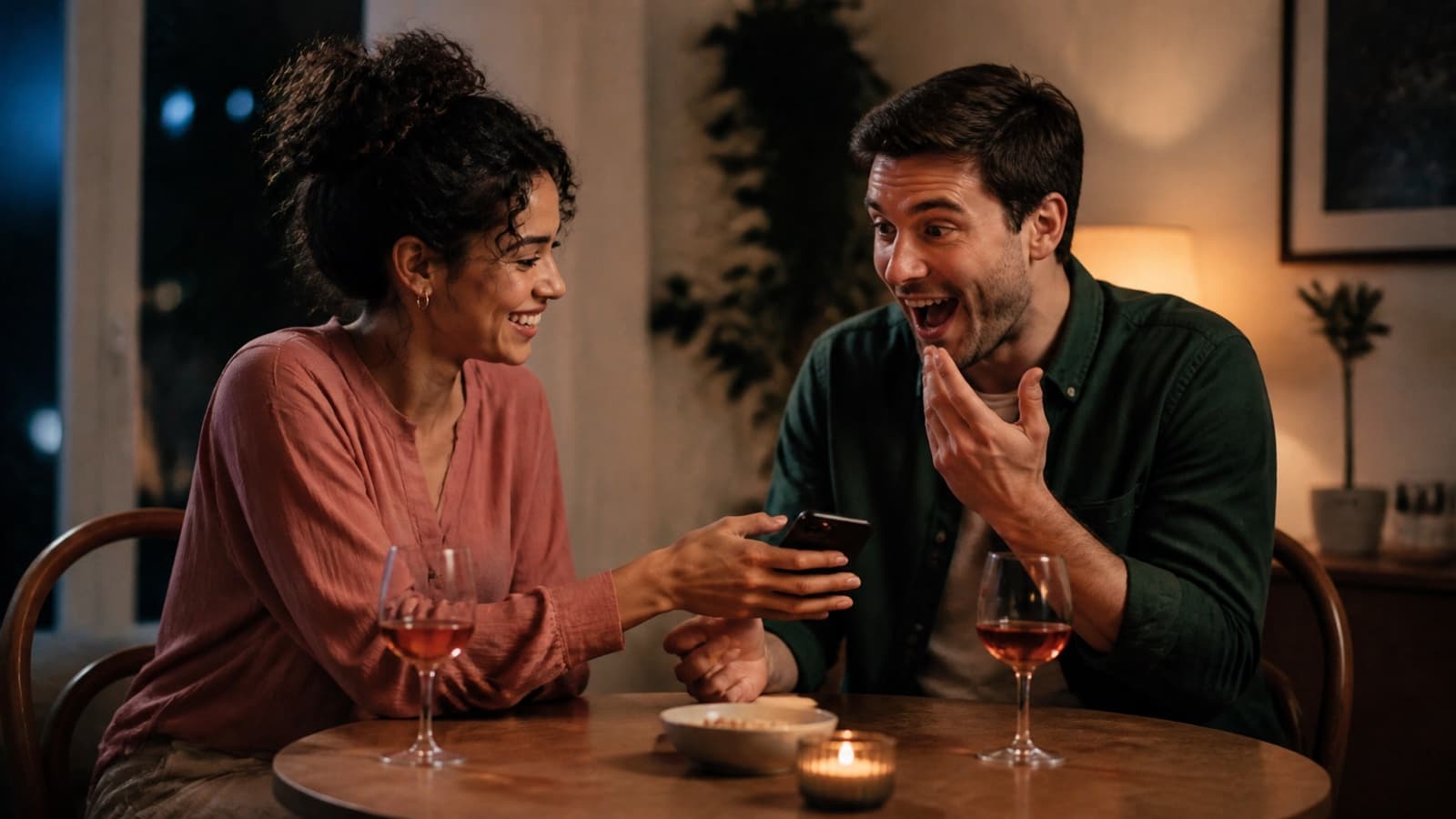 A couple passes a phone after revealing an answer during a date-night guessing game