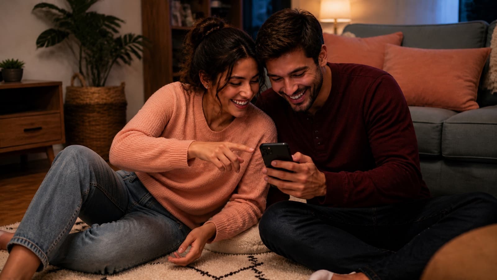 A couple laughing together on a sofa during an easy date-night game at home