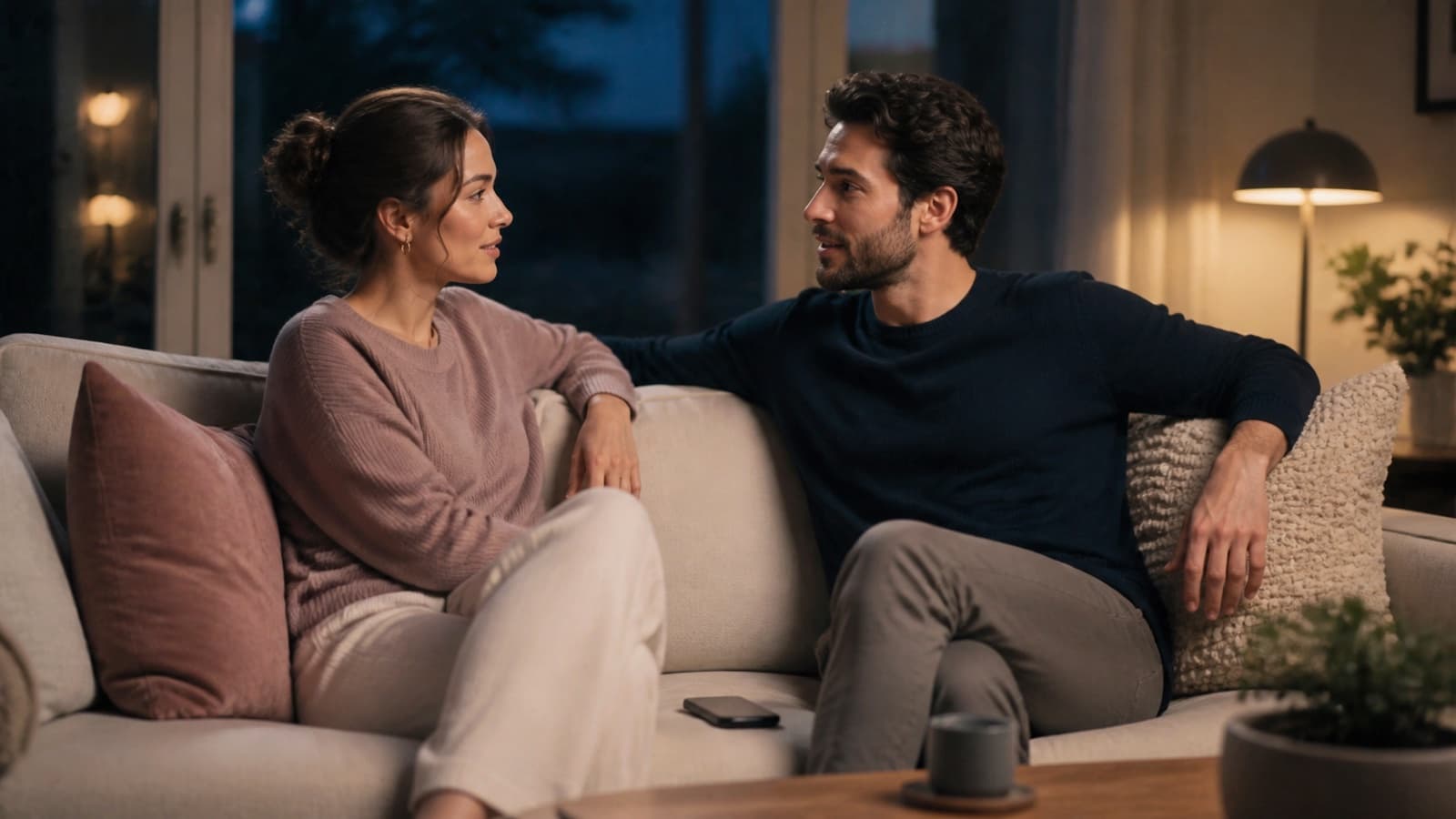 A couple having a calm, attentive conversation together at home
