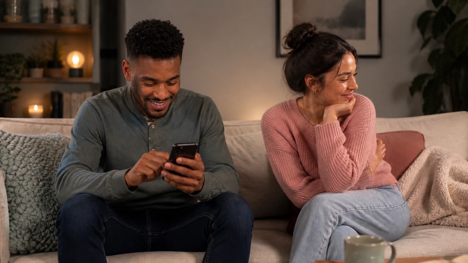One partner chooses an answer on a phone while the other looks away during a quiz