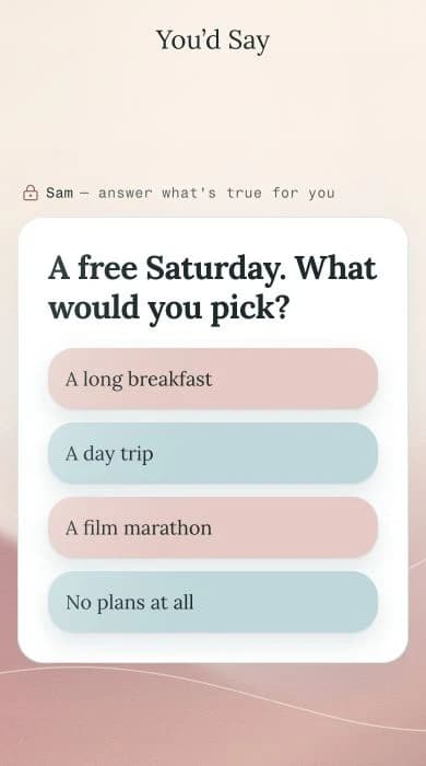 You’d Say question screen with four choices for a free Saturday
